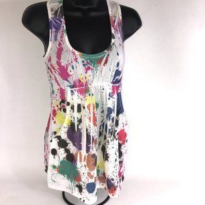XXI Ladies' Long Racerback Tank Top Paint Splatter Pockets Sz Small Made in USA